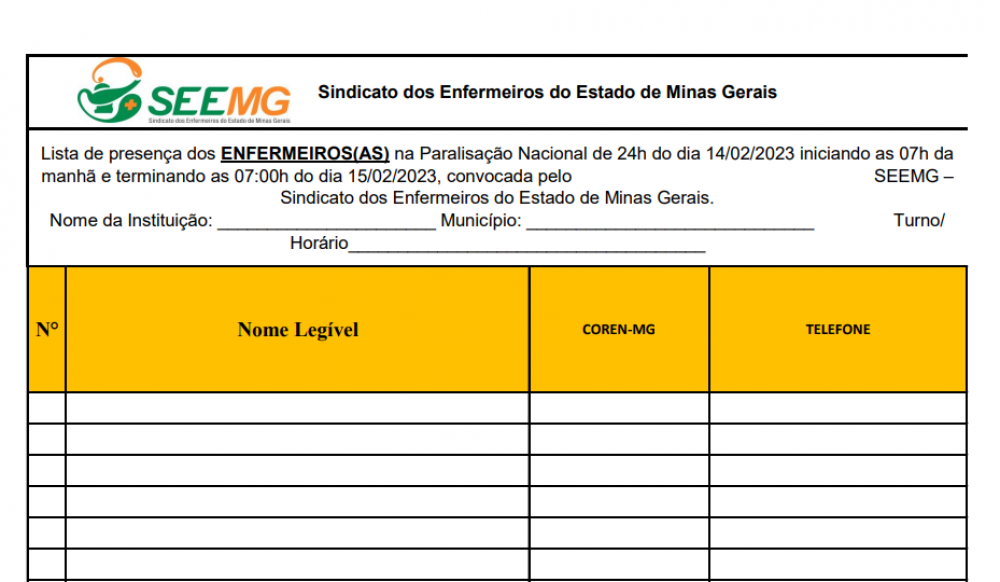 Lista de assinatura dos presentes na Paralisação Nacional de 24 horas do dia 14 de fevereiro de 2023