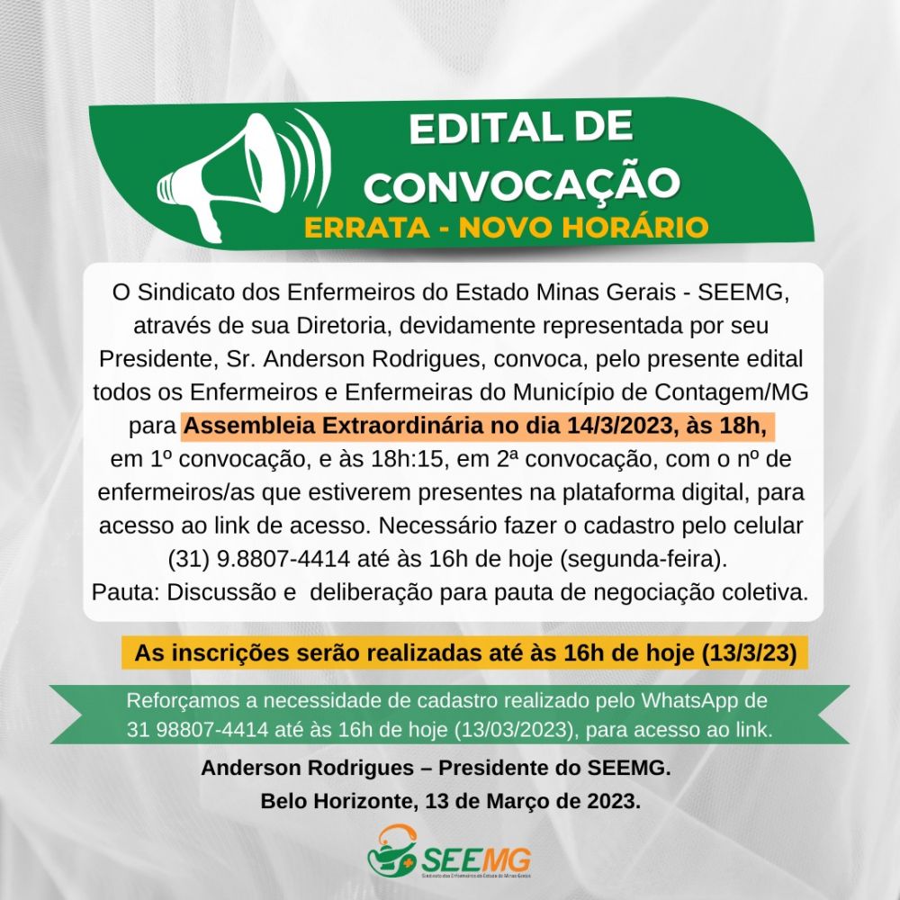 Errata Edital de Convocação  - Novo Horário