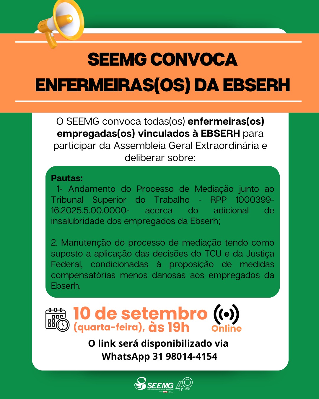 SEEMG convoca enfermeiras(os) da EBSERH