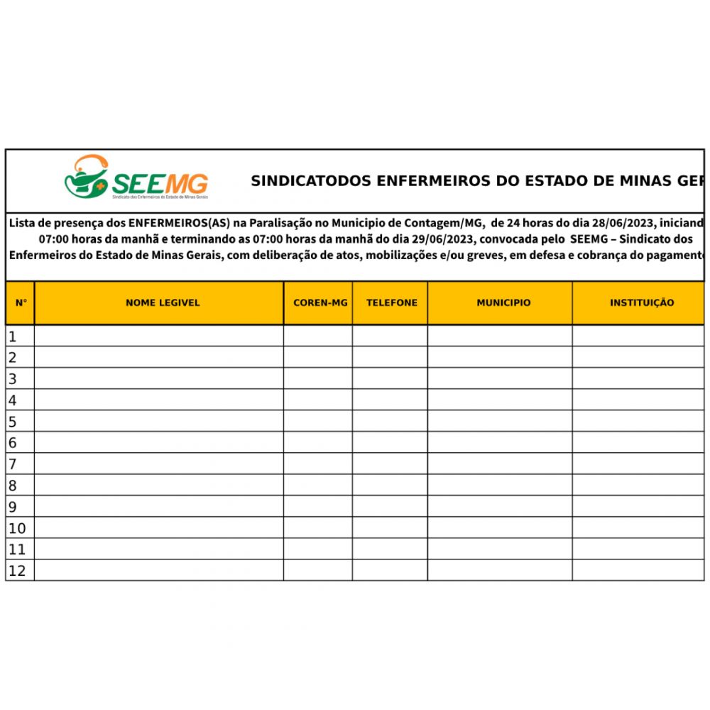 Lista de assinatura dos presentes na Paralisação em Contagem de 24 horas do dia 28 de junho de 2023