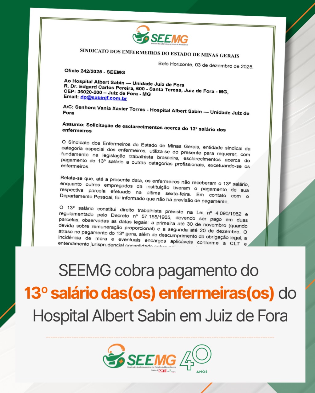 SEEMG cobra pagamento do 13º salário das(os) enfermeiras(os) do Hospital Albert Sabin  em Juiz de Fora