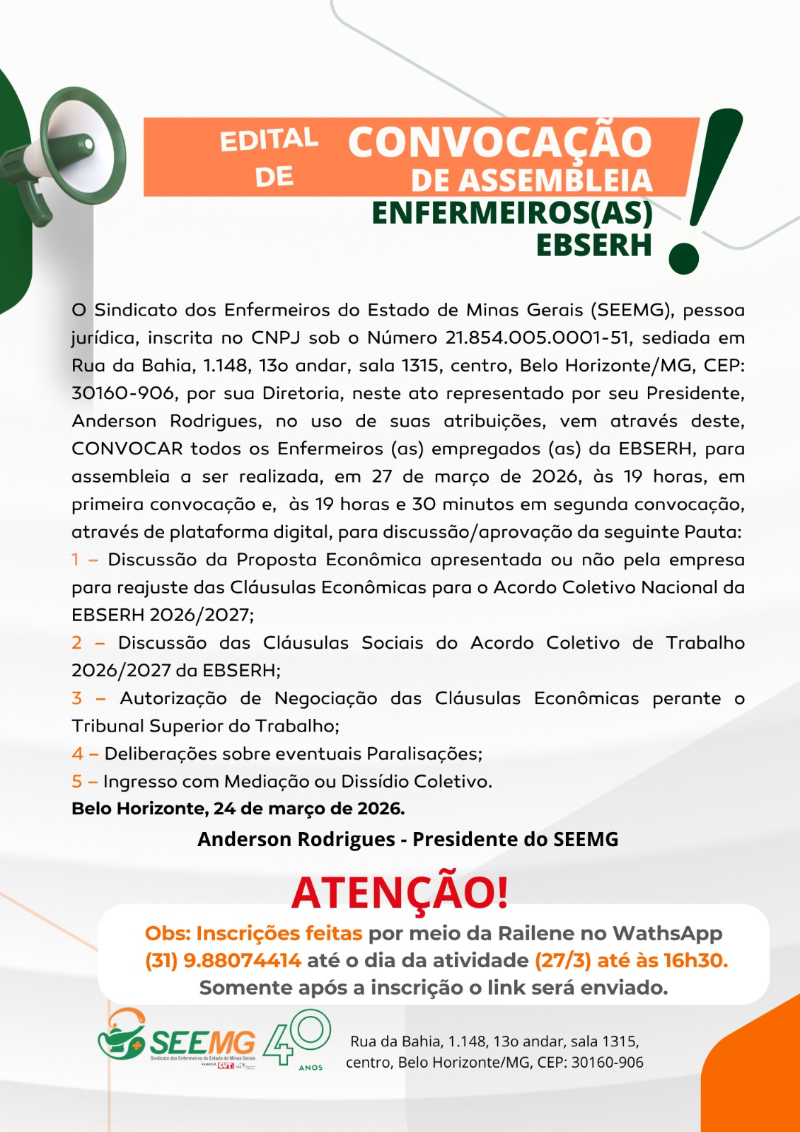 CONVOCAÇÃO DE ASSEMBLEIA ENFERMEIROS(AS) EBSERH