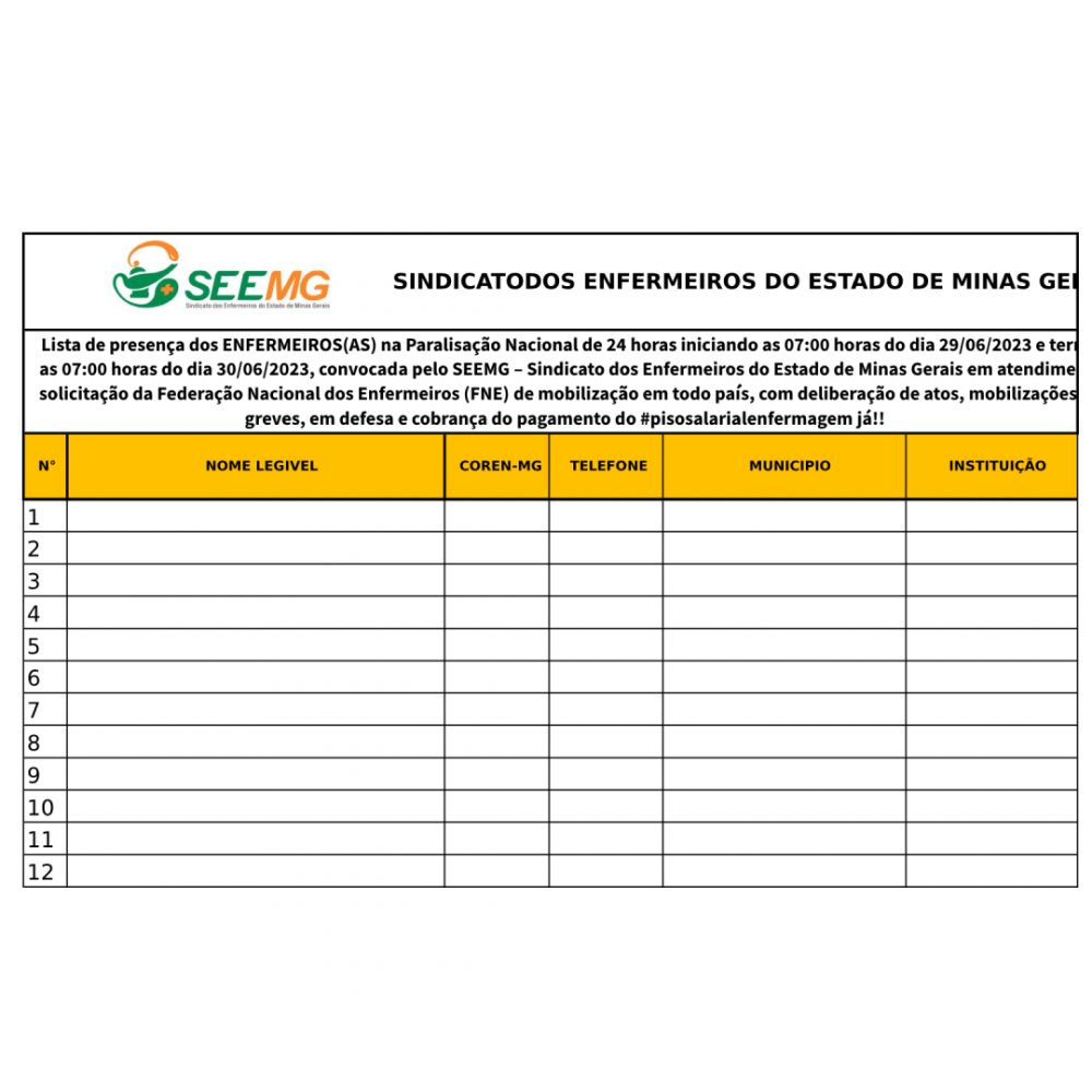 Lista de assinatura dos presentes na Paralisação no estado de Minas Gerais de 24 horas do dia 29 de junho de 2023