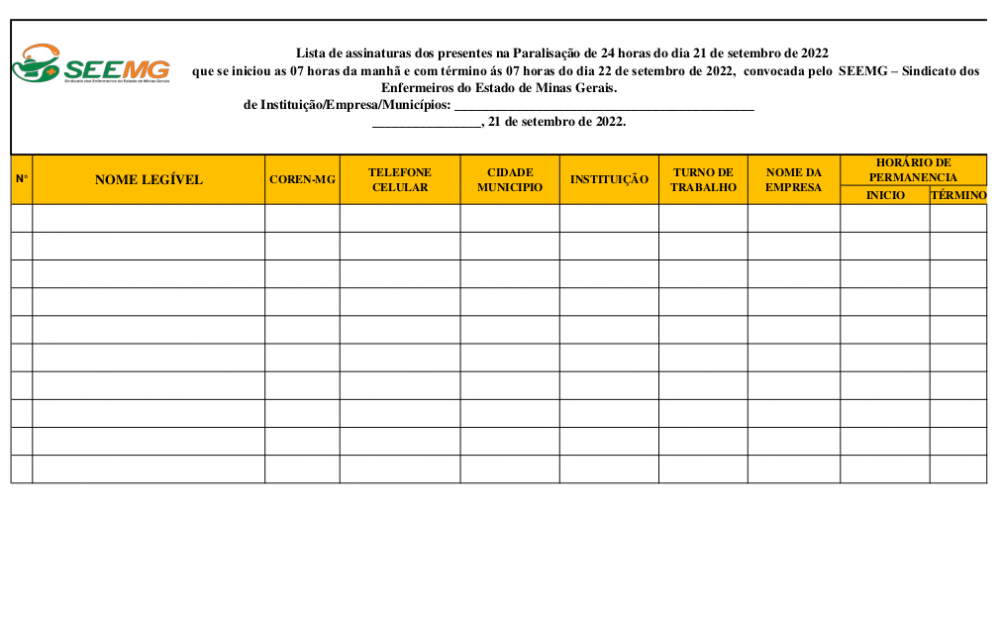 Lista de assinaturas dos presentes na Paralisação de 24 horas do dia 21 de setembro de 2022