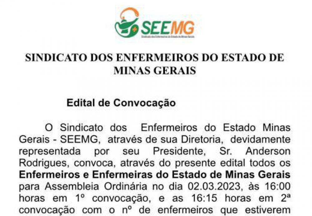 Sindicato dos Enfermeiros do Estado de Minas Gerais - Edital de Convocação de Assembleia Ordinária em 02/03/23