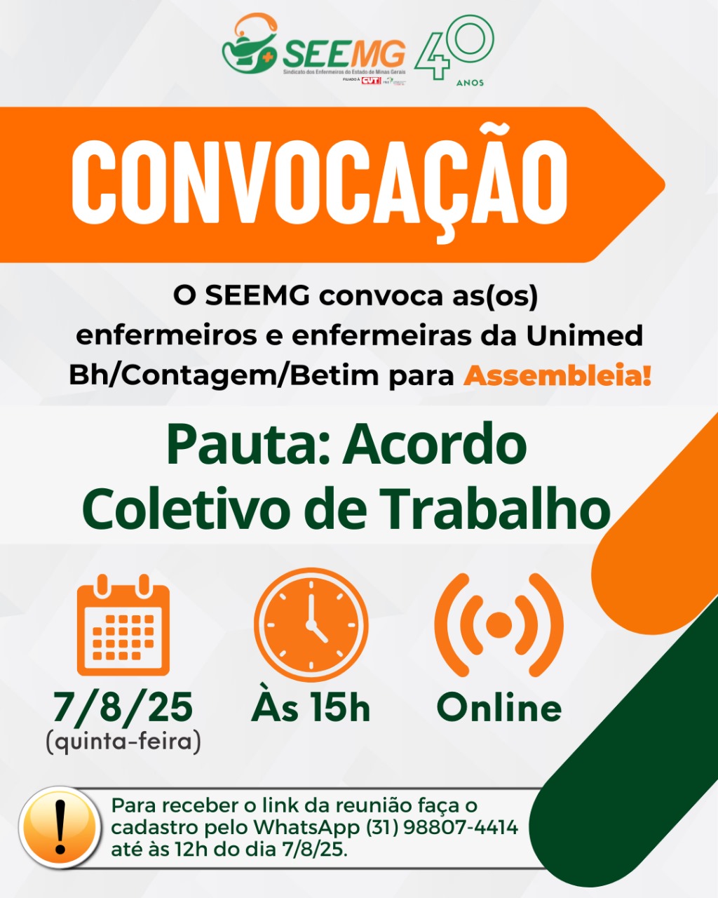 O Sindicato dos Enfermeiros do Estado de Minas Gerais convoca as/os enfermeiras/os da Unimed BH, Contagem e Betim